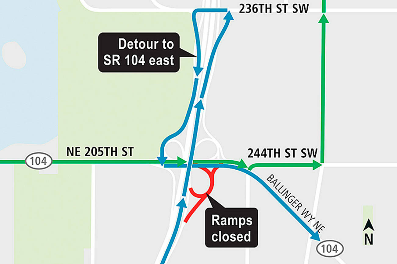 Work on the Lynnwood light rail extension could require the closure of the Highway 104 and I-5 interchange near Mountlake Terrace for two nights and mornings this week. (Sound Transit)