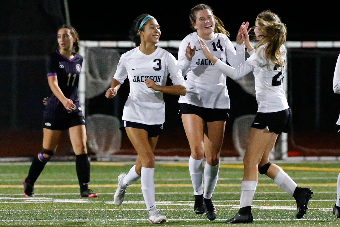 Jackson celebrates a goal Tuesday night at Lake Stevens High School on September 28, 2021. (Kevin Clark / The Herald)