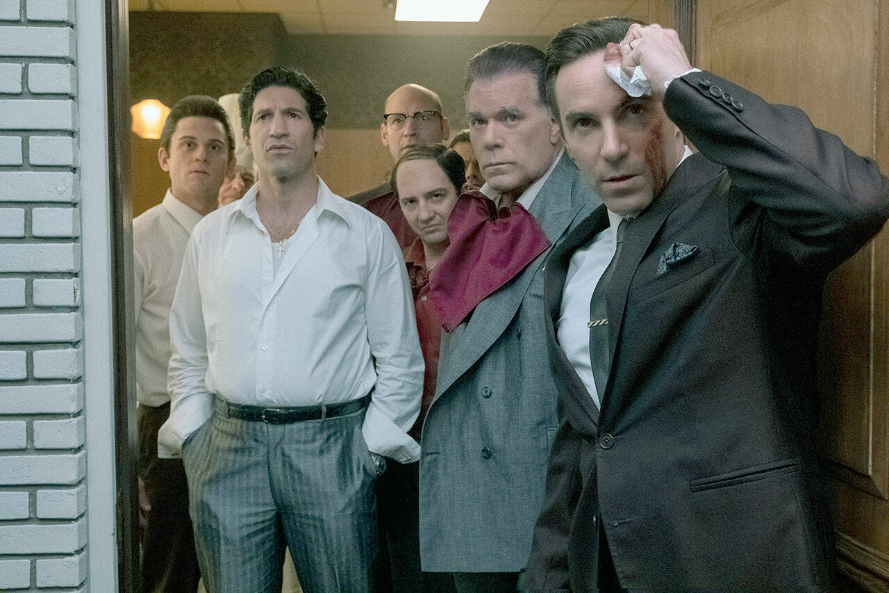 Billy Magnussen (left), Jon Bernthal, Corey Stoll (background center), John Magaro, Ray Liotta and Alessandro Nivola star in “The Many Saints of Newark.” (Barry Wetcher / Warner Bros. Pictures)