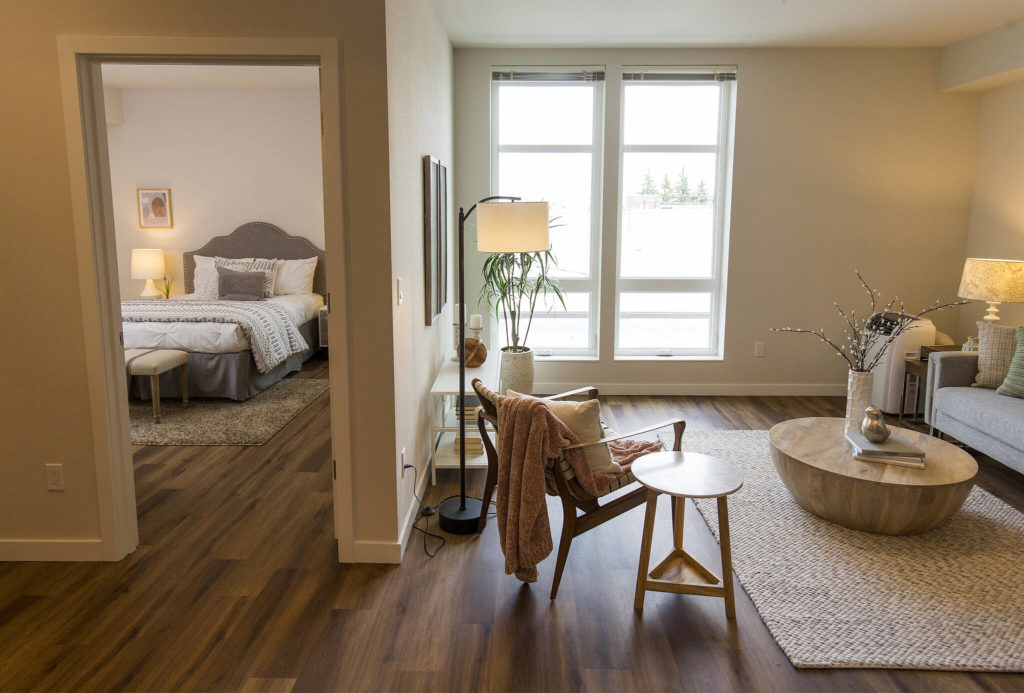 A single bedroom at the Marquee Apartments in Everett. (Andy Bronson / The Herald) 
