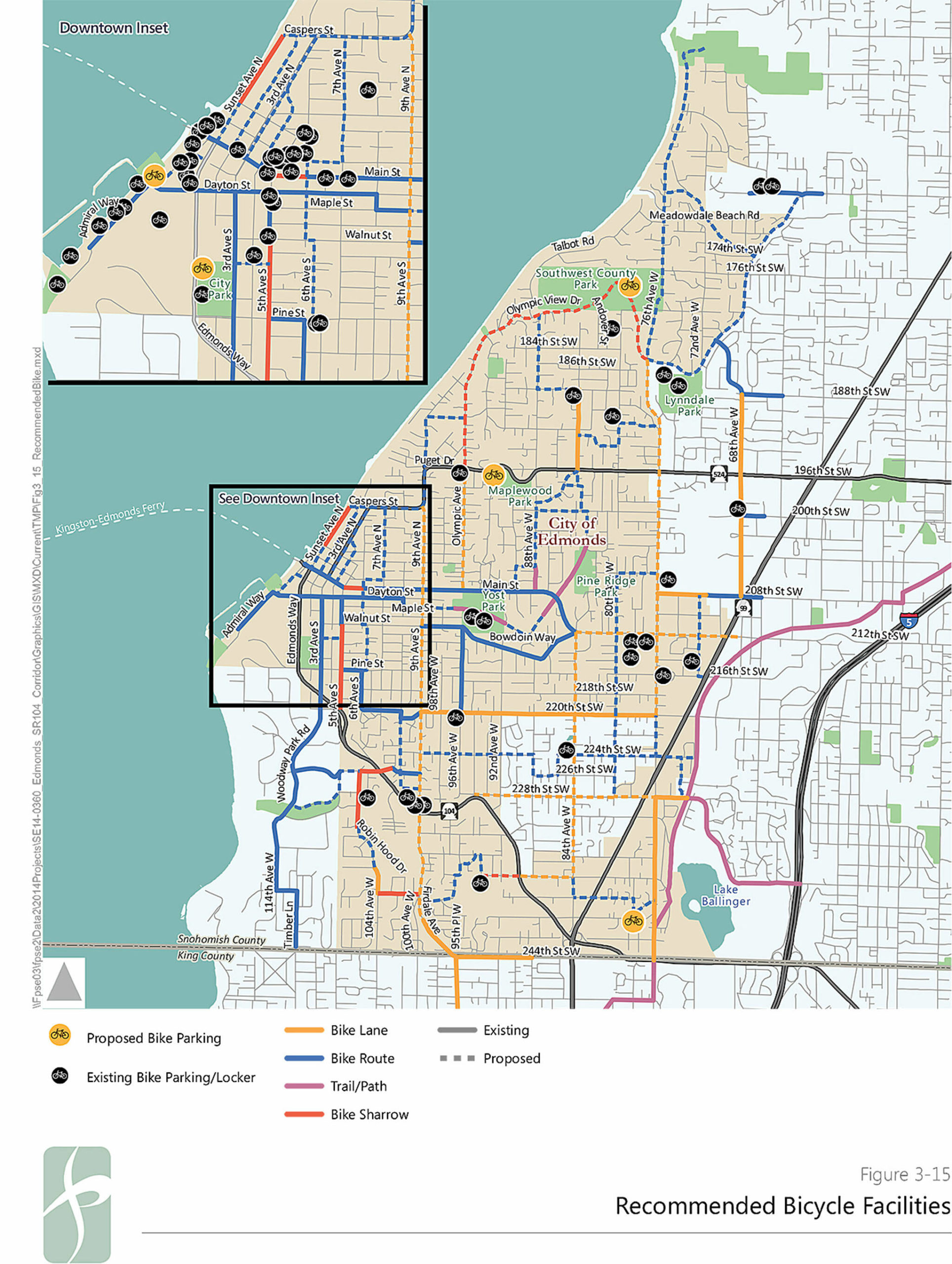 The proposed bike plan for Edmonds includes a project to build bike lanes on 100th Avenue W/Ninth Avenue W, between 244th Street SW and Walnut Street. (City of Edmonds)