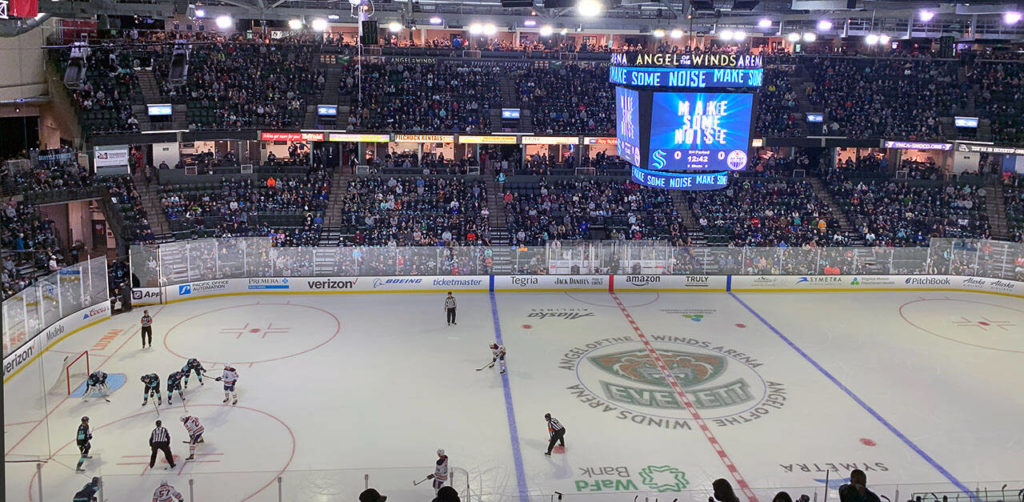 Angel of the Winds Arena had a pretty full house for the pre-season game between the Seattle Krakon and the Edmonton Oilers on Friday night. (Jake Goldstein-Street / The Herald)
