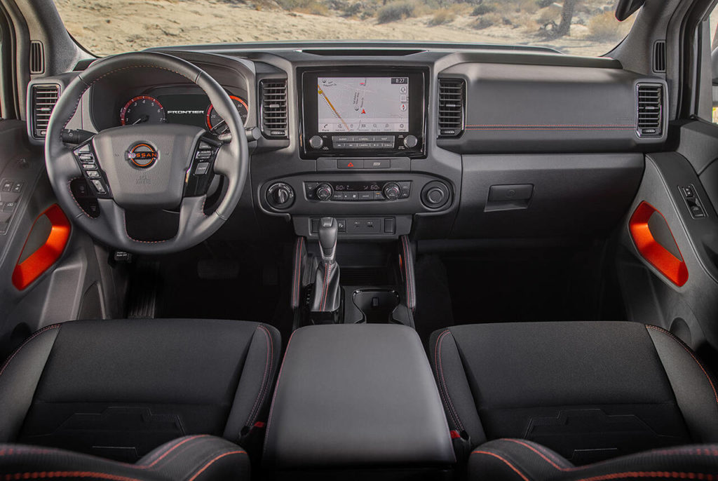 Nissan’s signature Zero Gravity seats are standard on all 2022 Frontier models. They are separated by a center console with a 4.0-liter storage box. The Pro-4X interior is shown here. (Manufacturer photo)
