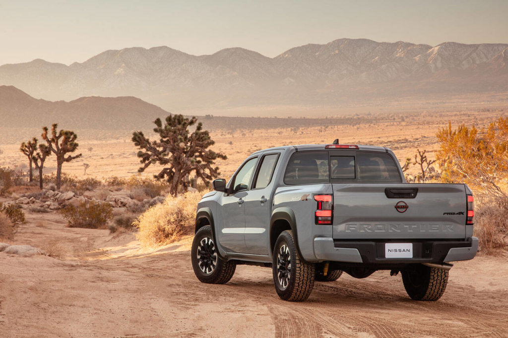 The 2022 Nissan Frontier Pro-4X model includes an electronic locking differential, underbody skid plates, and Bilstein off-road shock absorbers. (Manufacturer photo)
