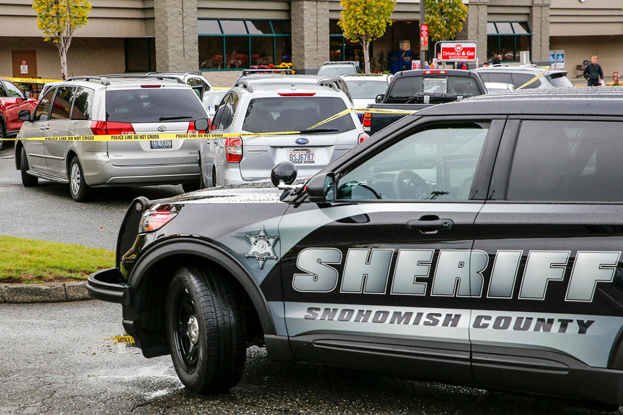 The Safeway parking lot in Snohomish, where police from a King County agency shot a man after a car chase on Sept. 27. (Kevin Clark / Herald file)