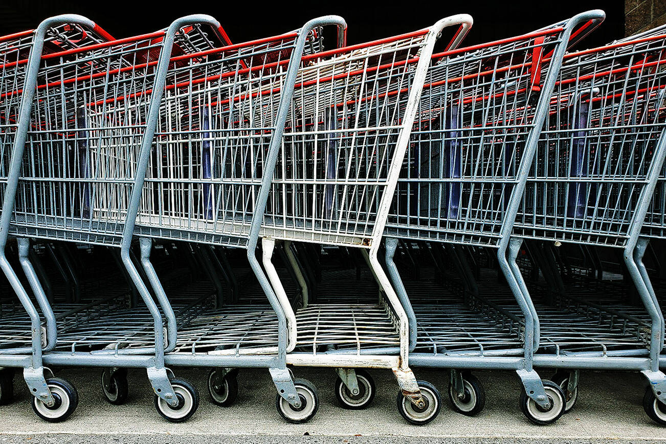 A lone white Costco shopping cart at the Woodinville Costco has achieved celebrity status first as Blanco and now Dash. It is the only white cart in the fleet of gray carts and has a cult following inside the store and on social media. (Neil Enns / Dane Creek Photography)