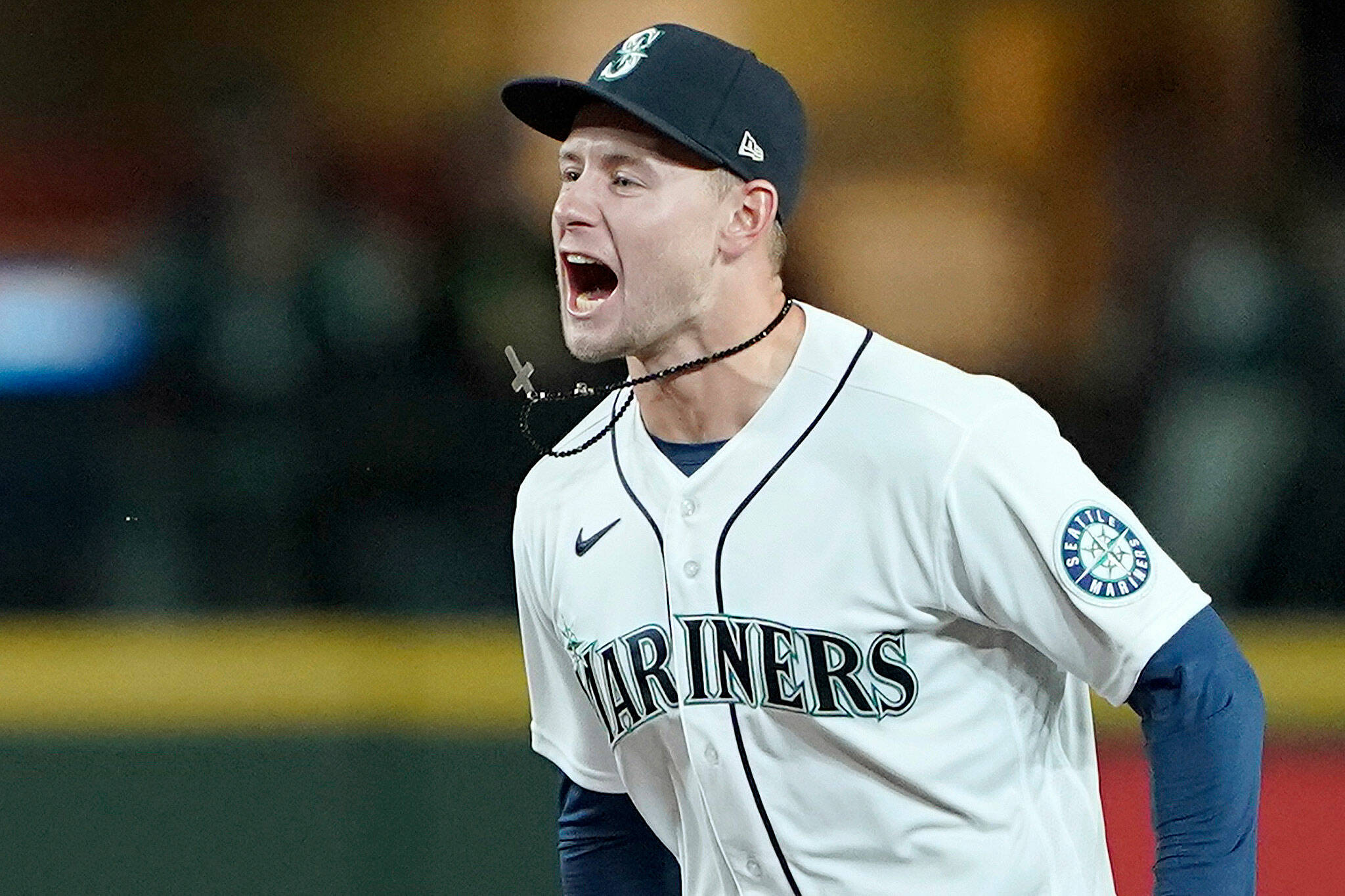 Center fielder Jarred Kelenic reacts after the Mariners beat the Athletics 4-2 on Sept. 29, 2021, in Seattle. (AP Photo/Ted S. Warren)