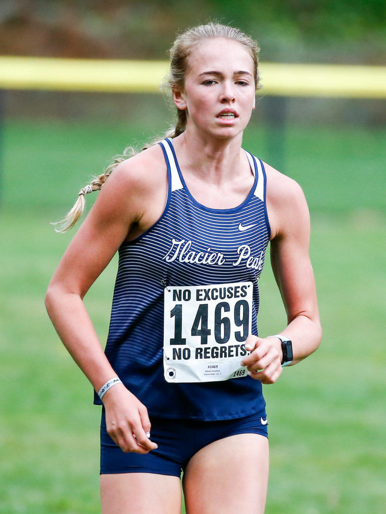 Glacier Peak’s Adisen Stratton competes in a meet Wednesday afternoon at Hamlin Park in Seattle on October 6, 2021. (Kevin Clark / The Herald)
