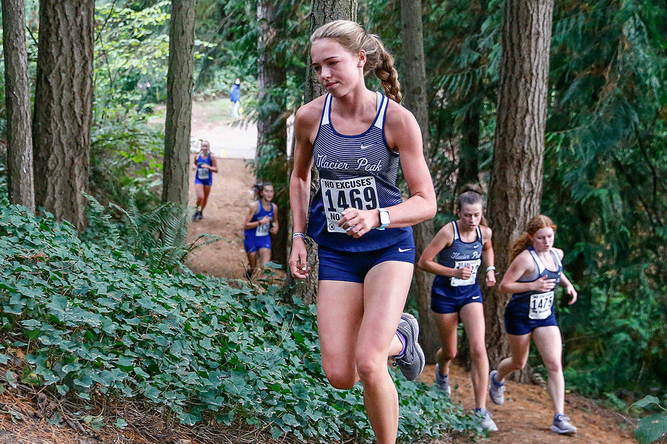 Glacier Peak's Adisen Stratton competes in a meet Wednesday afternoon at Hamlin Park in Seattle on October 6, 2021. (Kevin Clark / The Herald)