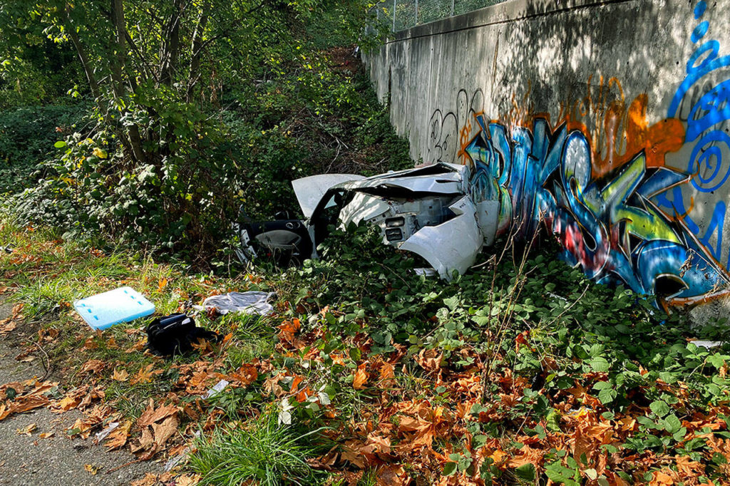 The aftermath of a car crash that occurred Wednesday at 44th Avenue between 164th and 168th streets. (Lynnwood Police)
