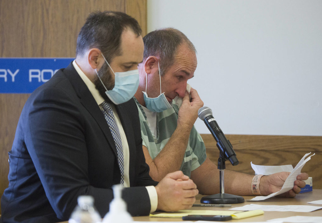 Kevin Best cries while reading a letter to the court during his sentencing hearing at the Snohomish County Courthouse on Monday in Everett. (Andy Bronson / The Herald)
