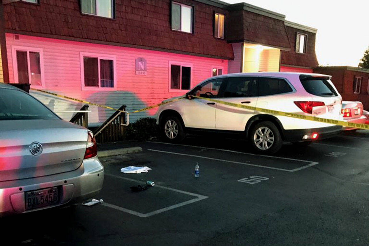 The parking lot of a Lynnwood apartment complex in the 19800 block of 50th Avenue West where a man was allegedly stabbed Friday night. (Lynnwood Police)