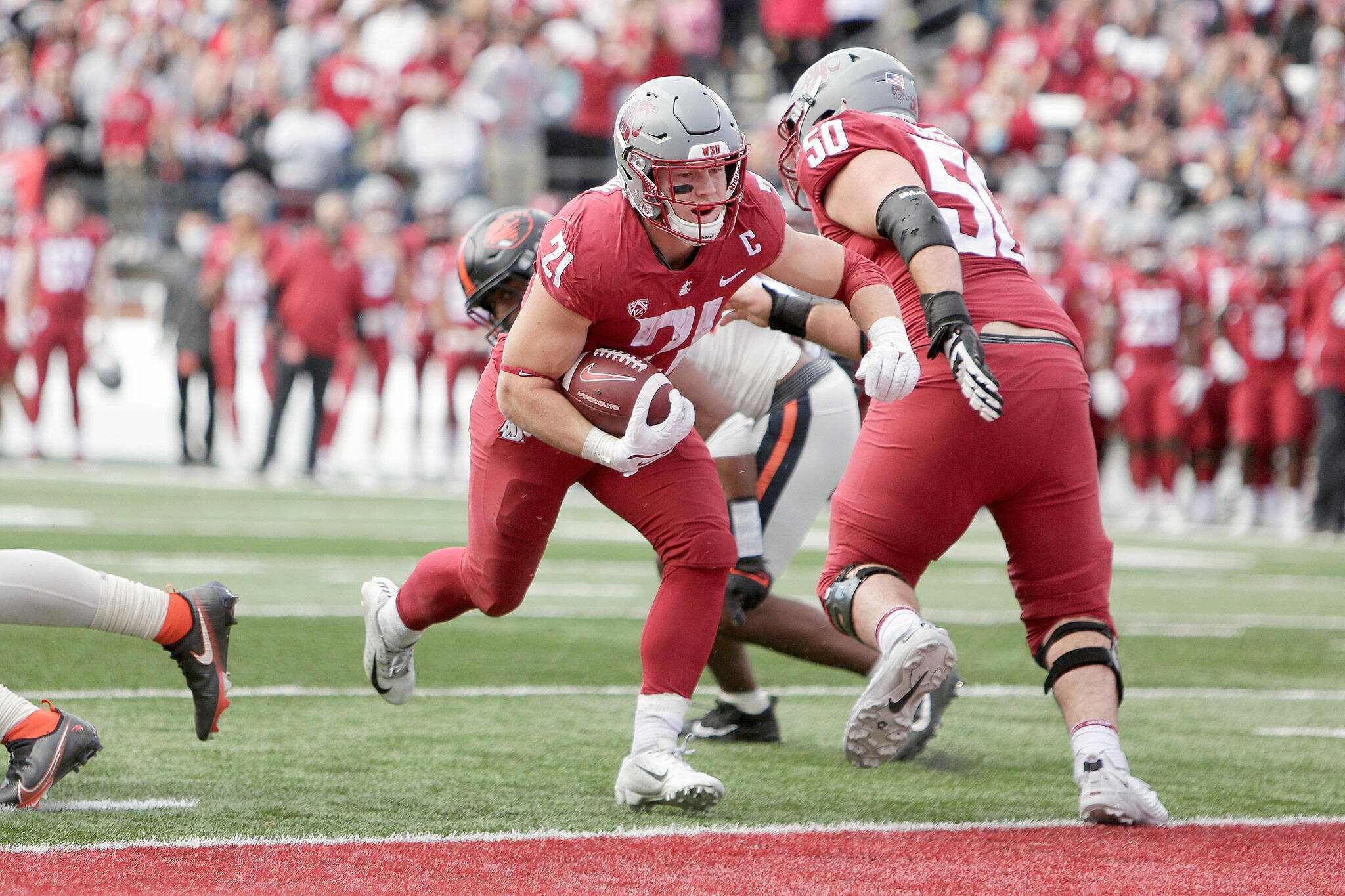 Washington State running back Max Borghi (21) runs for a touchdown during the second half of a game against Oregon State on Saturday in Pullman. (AP Photo/Young Kwak)