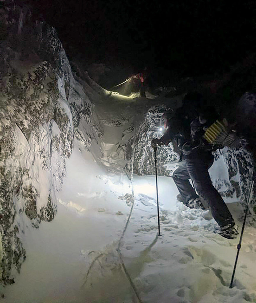 The Snohomish County Sheriff’s Office Search and Rescue unit and volunteers from Snohomish County Volunteer Search and Rescue completed a 20-hour overnight rescue mission on Three Fingers Mountain at about 7 a.m. Monday. (Snohomish County Sheriff’s Office) 
