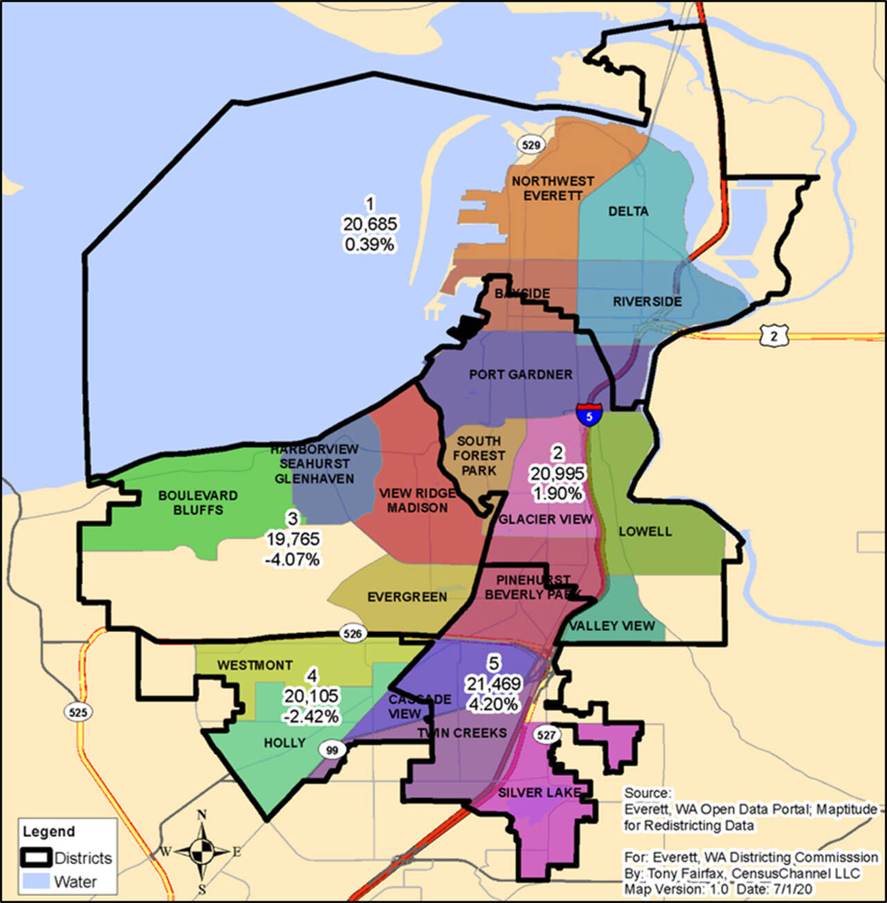 A map shows the five Everett City Council districts, approved by voters in 2018. The Nov. 2 election will determine which council members will represent those districts, for the first time. (City of Everett)