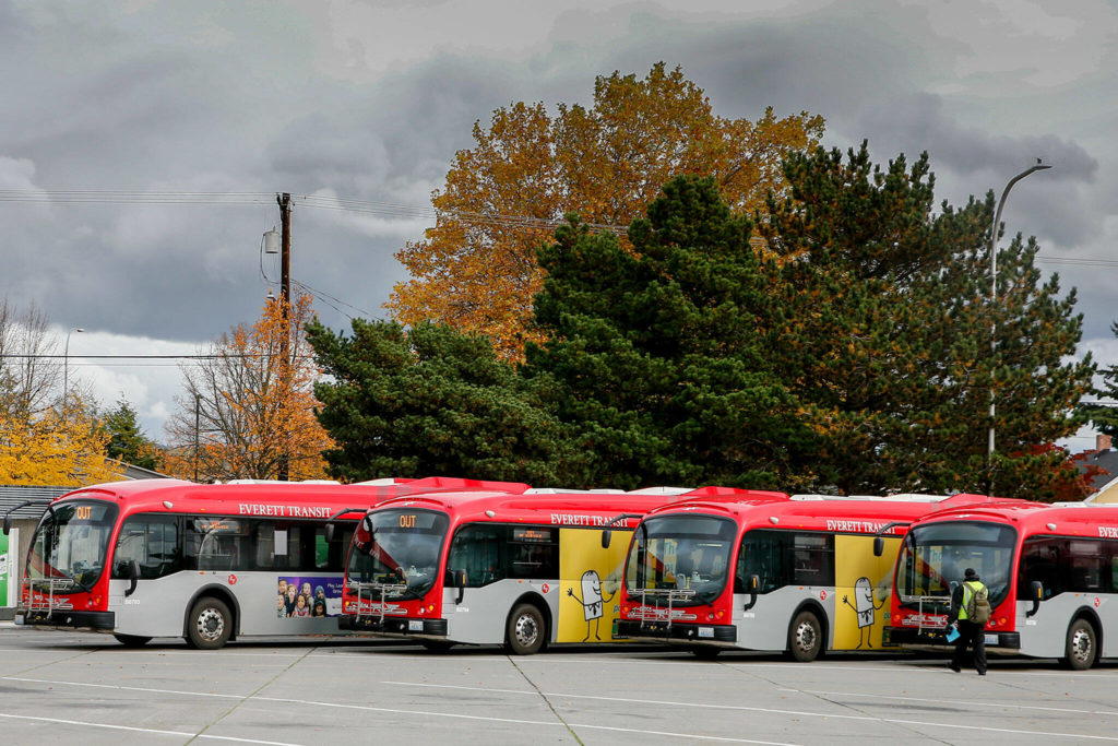 The Everett Transit bus depot can fit 10 electric buses for wireless charging in the middle of its lot, plus room for several more to charge along a wall in Everett. (Kevin Clark / The Herald)
