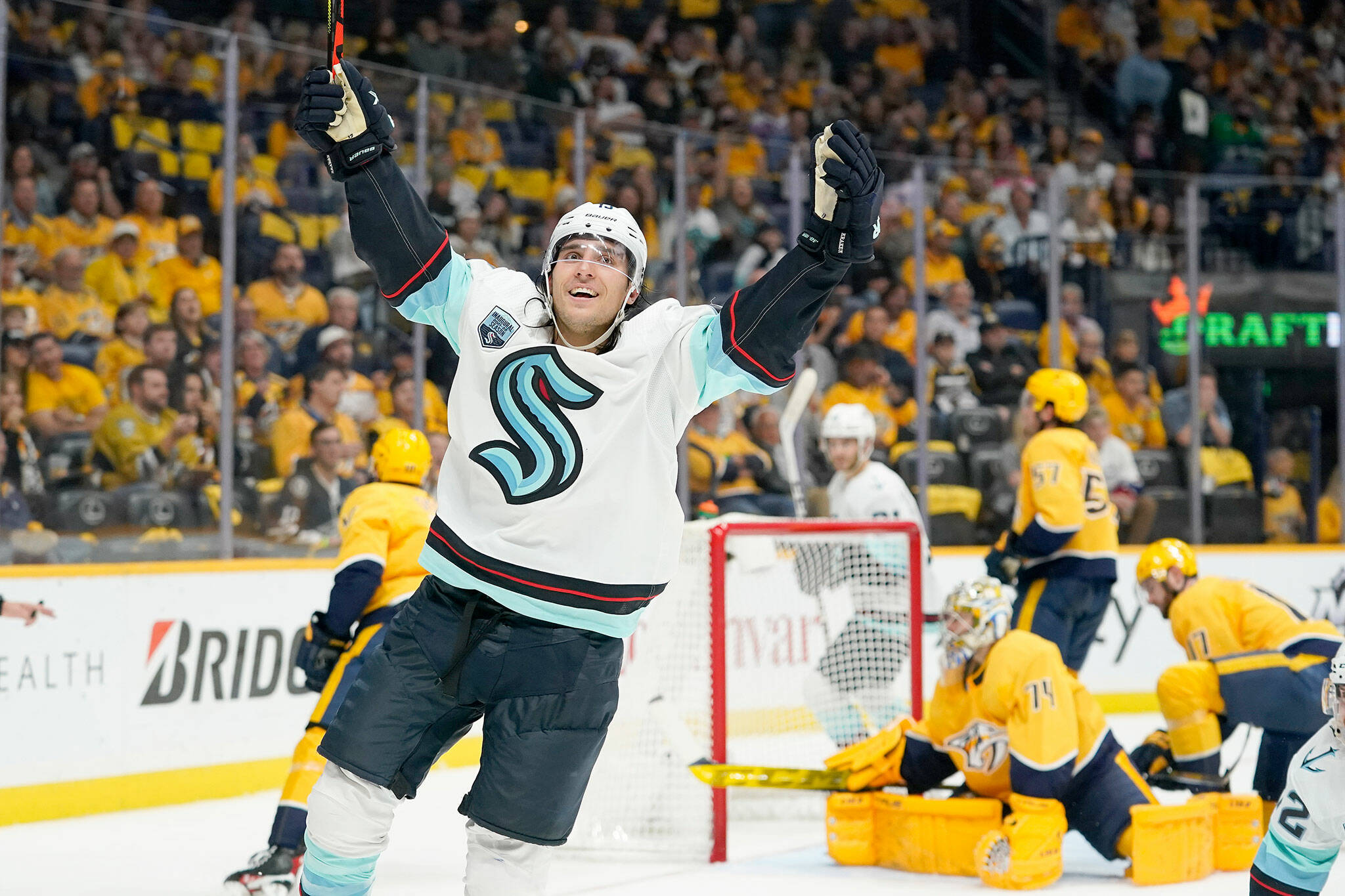 Kraken left wing Brandon Tanev celebrates after scoring a goal against the Predators in the first period of a game Thursday in Nashville, Tenn. (AP Photo/Mark Humphrey)