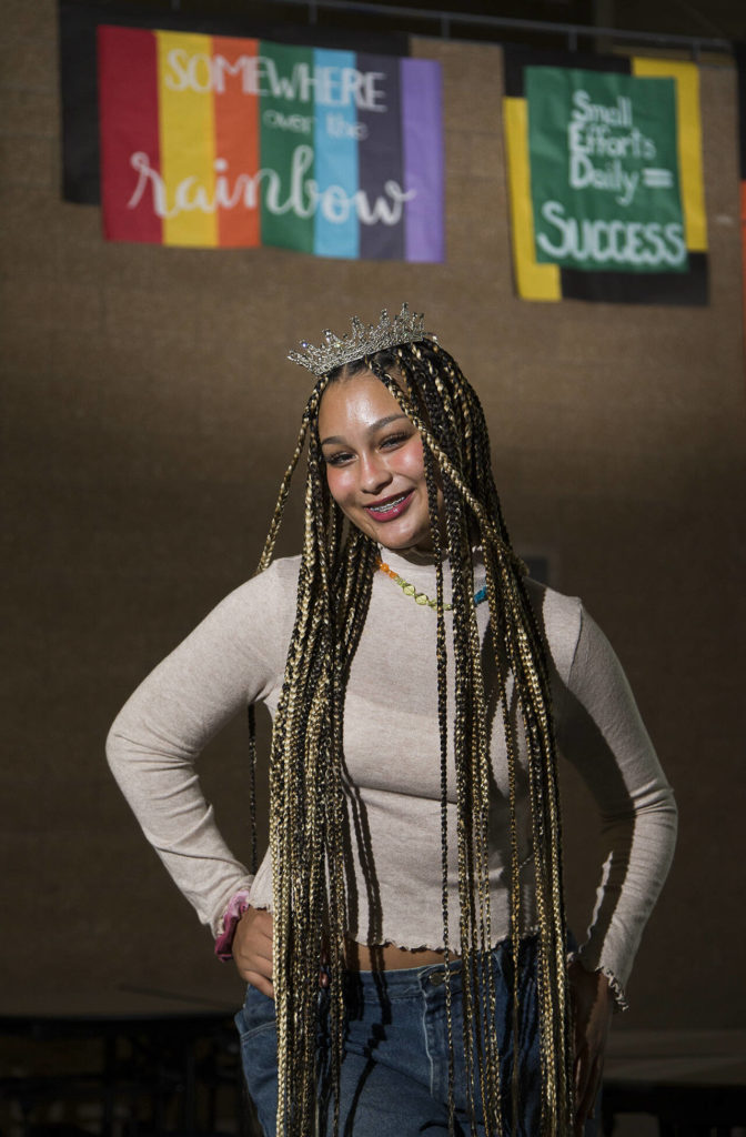 Ve’ondre Mitchell was elected homecoming queen at Glacier Peak High School on Monday in Snohomish. Mitchell is the school’s first Black, trans homecoming queen. (Andy Bronson / The Herald)
