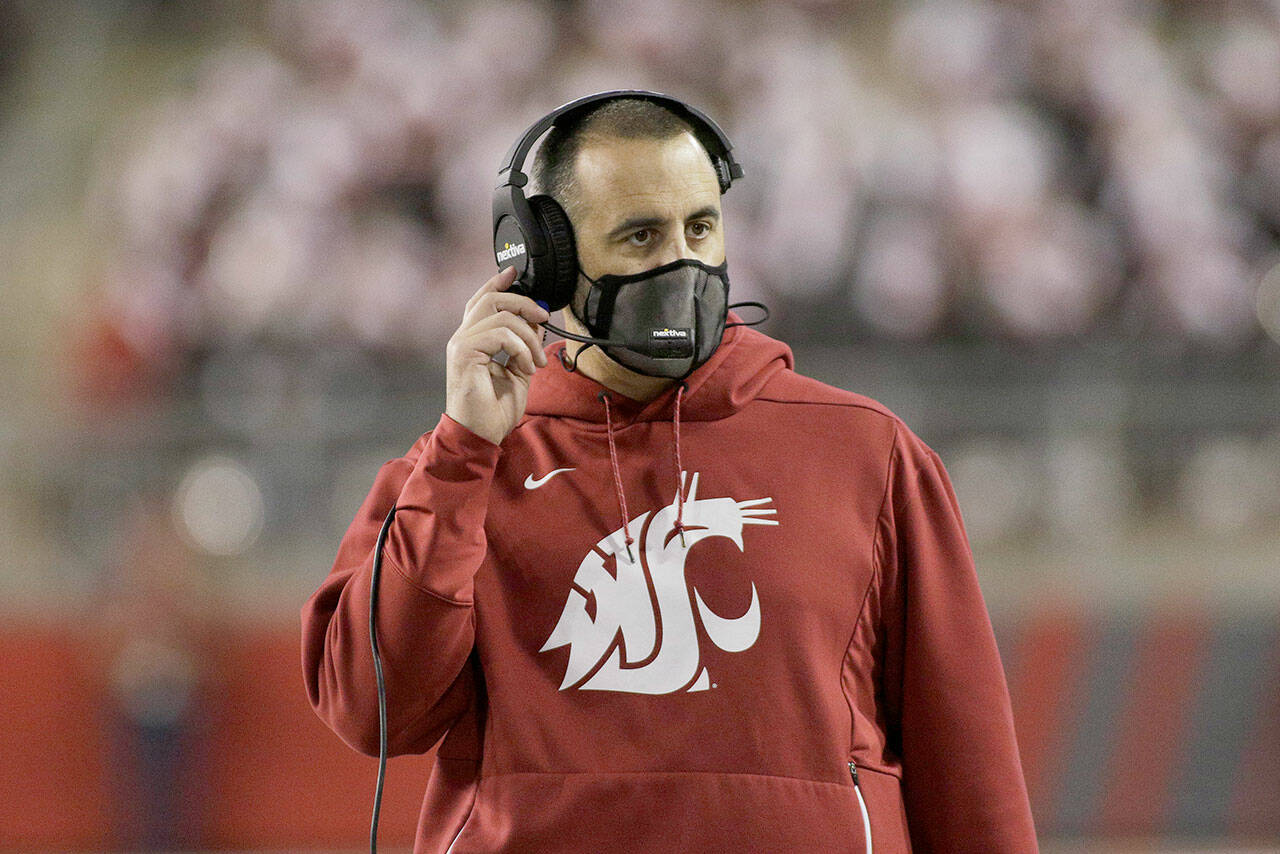 Washington State head coach Nick Rolovich looks on during the second half of a game against Stanfordon Saturday in Pullman. (AP Photo/Young Kwak)