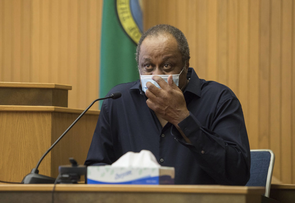 Community Transit bus driver Myron Johnson testifies during the trial of Alejandro Meza on Wednesday in Everett. (Olivia Vanni / The Herald)

