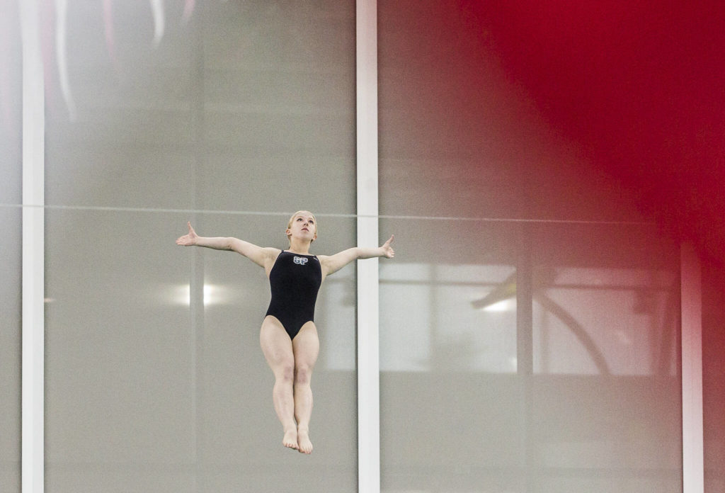 A Glacier Peak diver competes during the swim meet against Snohomish on Tuesday, Oct. 19, 2021 in Snohomish, Wa. (Olivia Vanni / The Herald)
