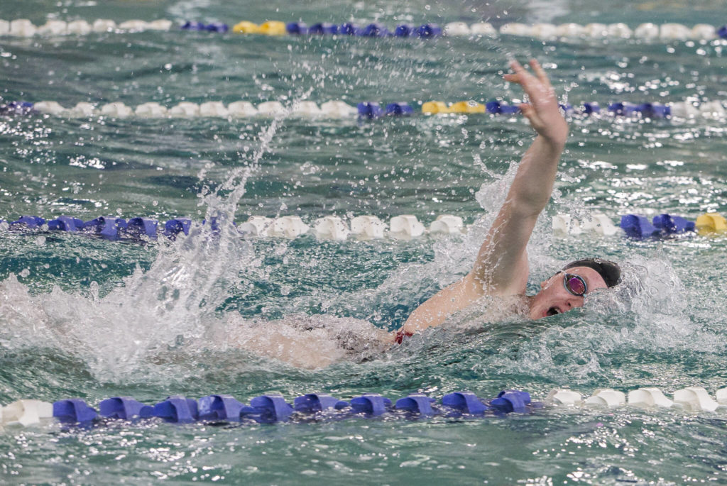 Snohomish sophomore standout Mary Clarke raced to two individual first-place finishes and led the Panthers to a pair of relay victories. (Olivia Vanni / The Herald)
