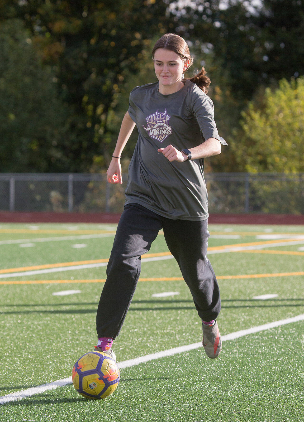 Elyse Baker practices with the Lake Stevens High School girls soccer team on Wednesday in Lake Stevens. (Andy Bronson / The Herald)