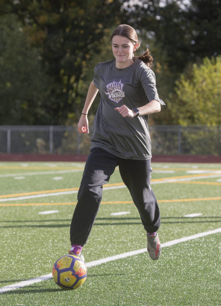 Elyse Baker practices with the Lake Stevens High School girls soccer team on Wednesday in Lake Stevens. (Andy Bronson / The Herald)
