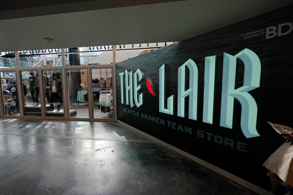 The Lair, the Seattle Kraken team store inside Climate Pledge Arena, is shown Wednesday during a media tour ahead of the team’s home opener Saturday against the Vancouver Canucks in Seattle. (AP Photo/Ted S. Warren)
