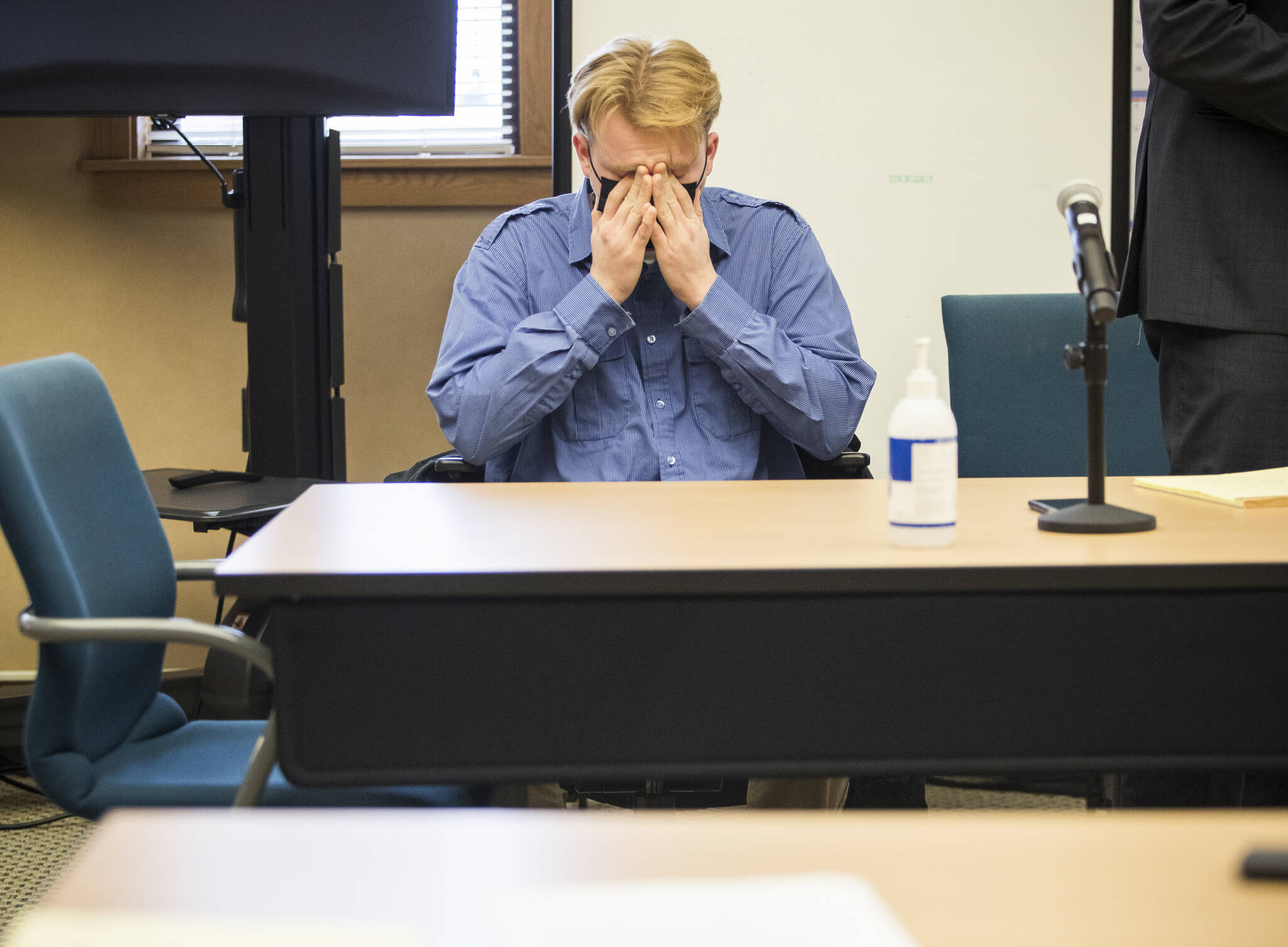 Alejandro Meza reacts to his verdict — guilty of first-degree manslaughter — at the Snohomish County Courthouse in Everett on Wednesday. (Olivia Vanni / The Herald)