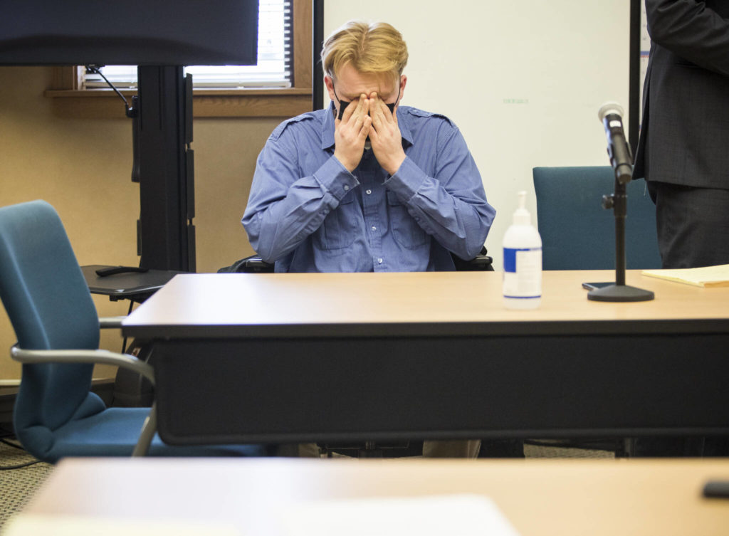 Alejandro Meza reacts to the verdict of guilty of first-degree manslaughter at the Snohomish County Courthouse on Wednesday, Oct. 27, 2021 in Snohomish, Wa. (Olivia Vanni / The Herald)
