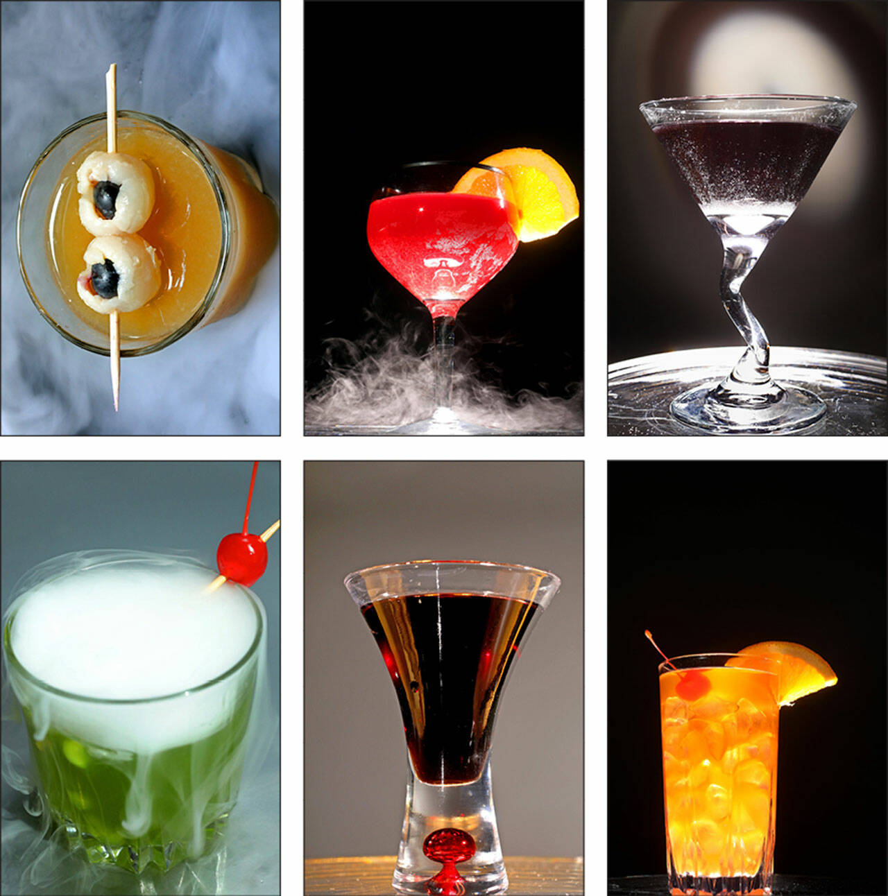 Halloween cocktails, clockwise from top left: cider sidecar, pomegranate rum punch, black magic cocktail, witches’ brew, black heart cocktail and zombie. (St. Louis Post-Dispatch)