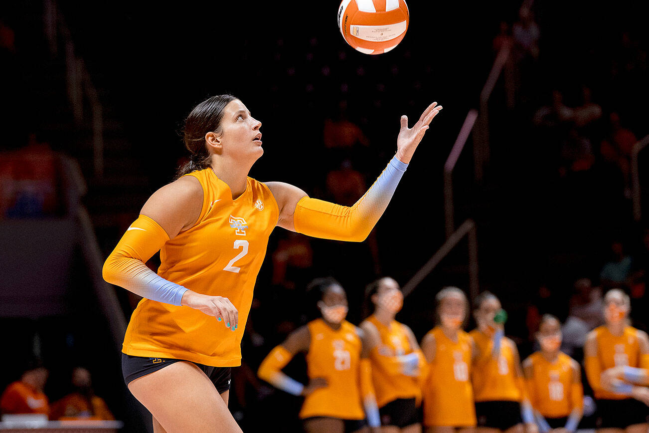 Tennessee's Natalie Hayward, an Archbishop Murphy graduate, serves during a game against Texas Tech on Aug. 27, 2021, in Knoxville, TN. (University of Tennessee athletics)