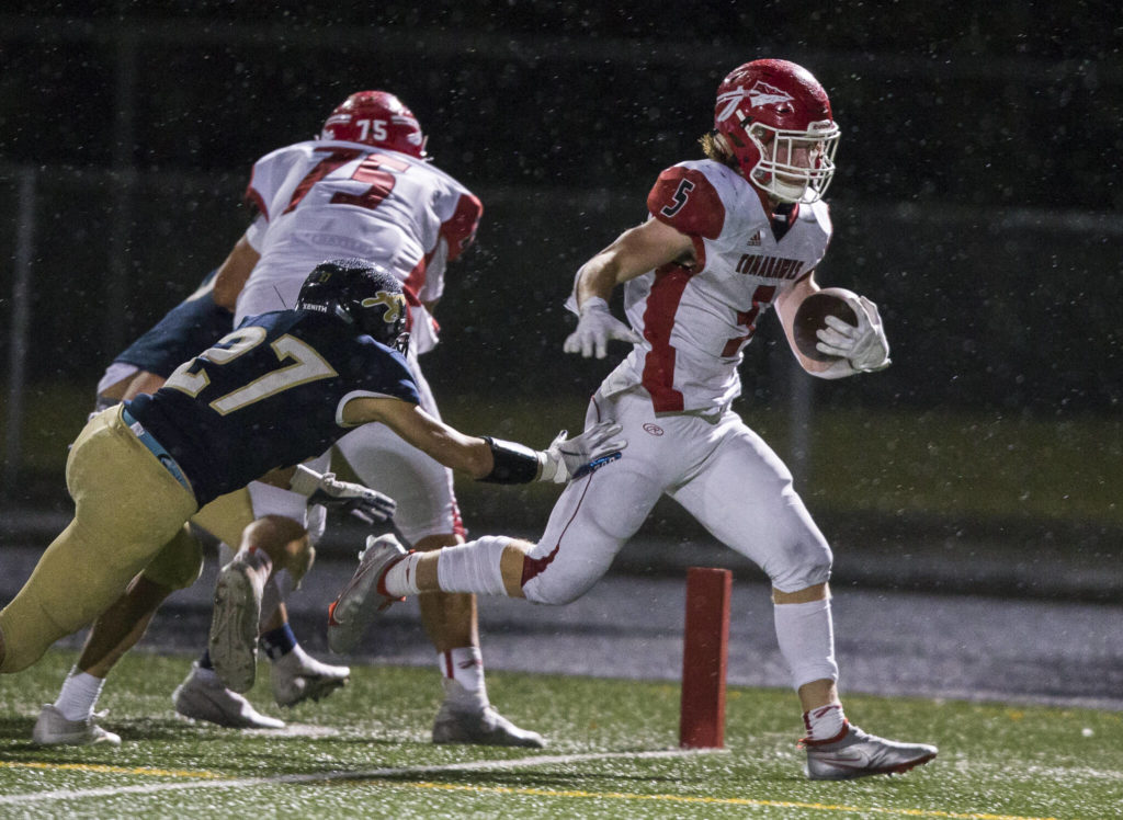 Dylan Carson and Marysville Pilchuck face Shorecrest in a loser-out Week 9 crossover game. (Olivia Vanni / The Herald)
