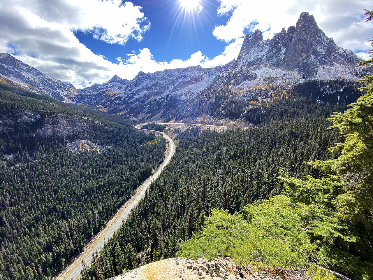 The North Cascades Highway is seen from the Washington Pass overlook on Oct. 11. (Sue Misao / The Herald)