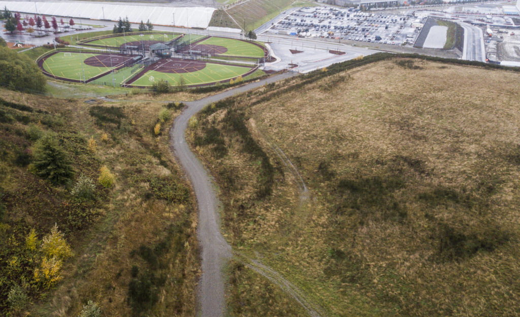 The Phil Johnson Ballfields in Everett, next to a large piece of undeveloped property that was the formerly the cement company CEMEX. (Olivia Vanni / The Herald)

