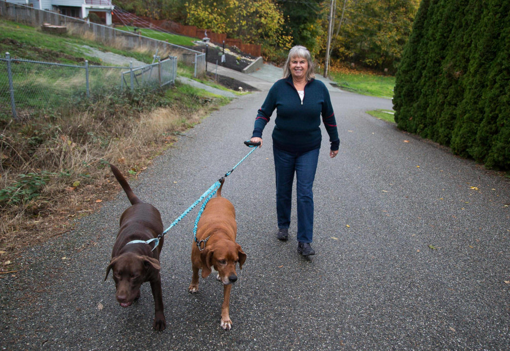 Patt Bass walks her dogs Dodger and Tucker near her home Wednesday on Camano Island. (Andy Bronson / The Herald)
