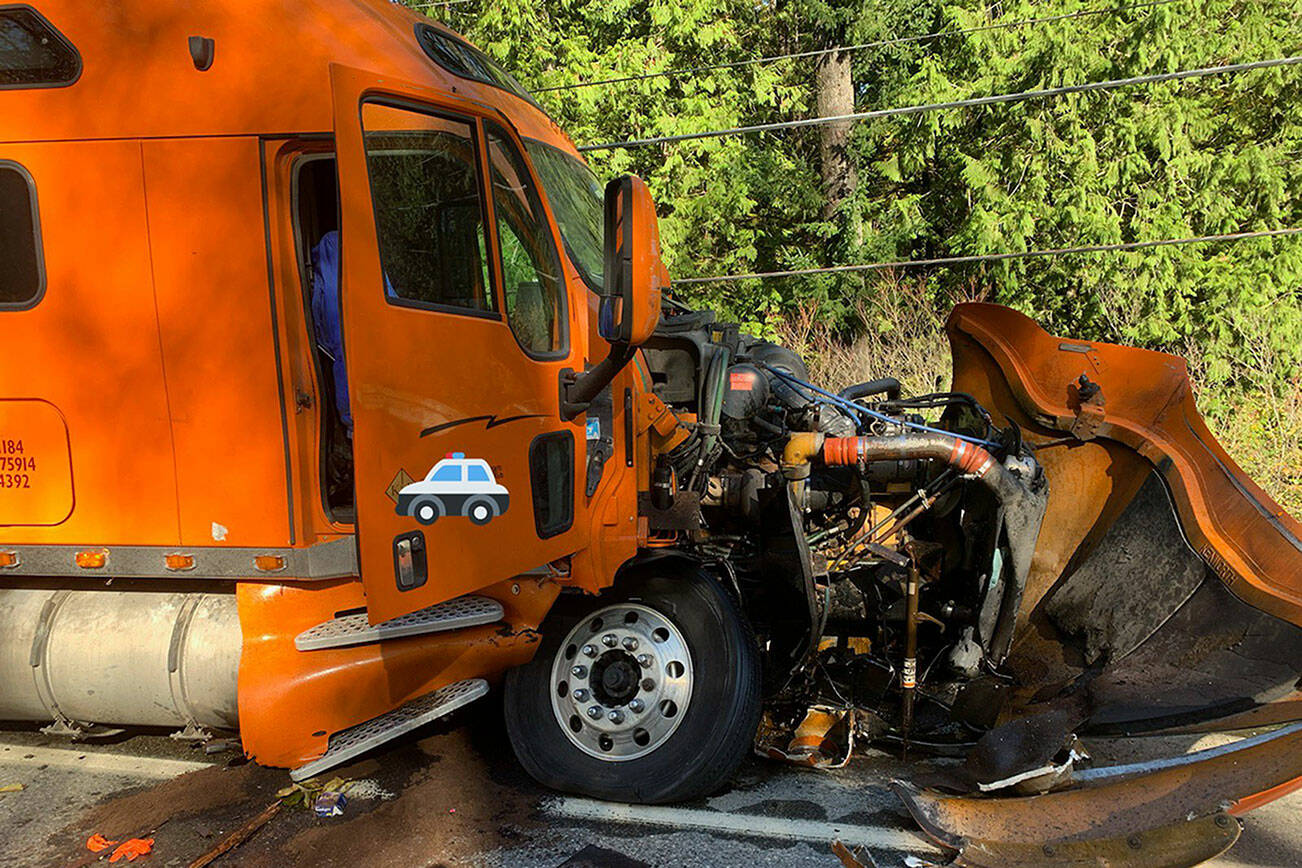 A semi truck head-on crashed with a passenger vehicle on U.S. 2 on Saturday morning, Oct. 20, 2021. (Washington State Patrol)