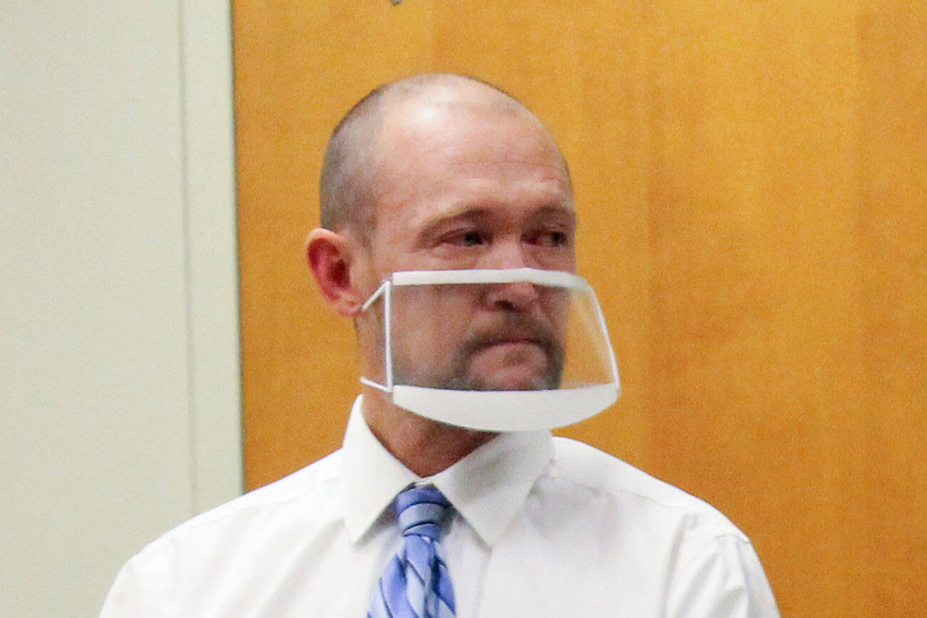 Kyle Wheeler listens as he is convicted of second-degree manslaughter in Snpohomish County Superior Court on Thursday August 12, 2021 in Everett, Wash. ( Ellen Dennis /The Herald)