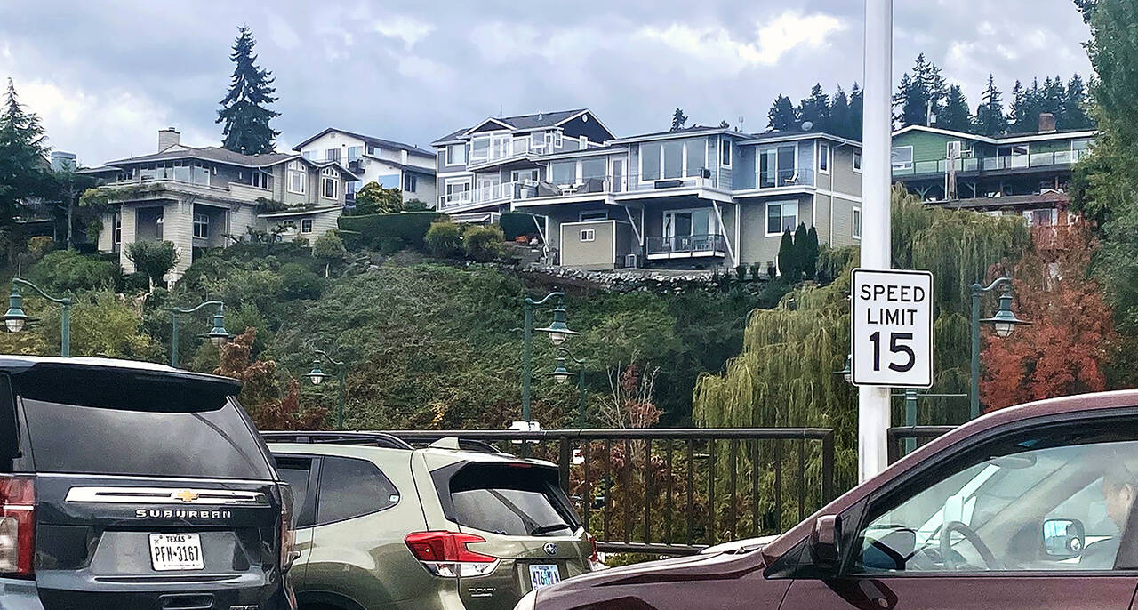Hillside homes in Mukilteo are seen from the ferry line on Oct. 20. (Andrea Brown / The Herald)