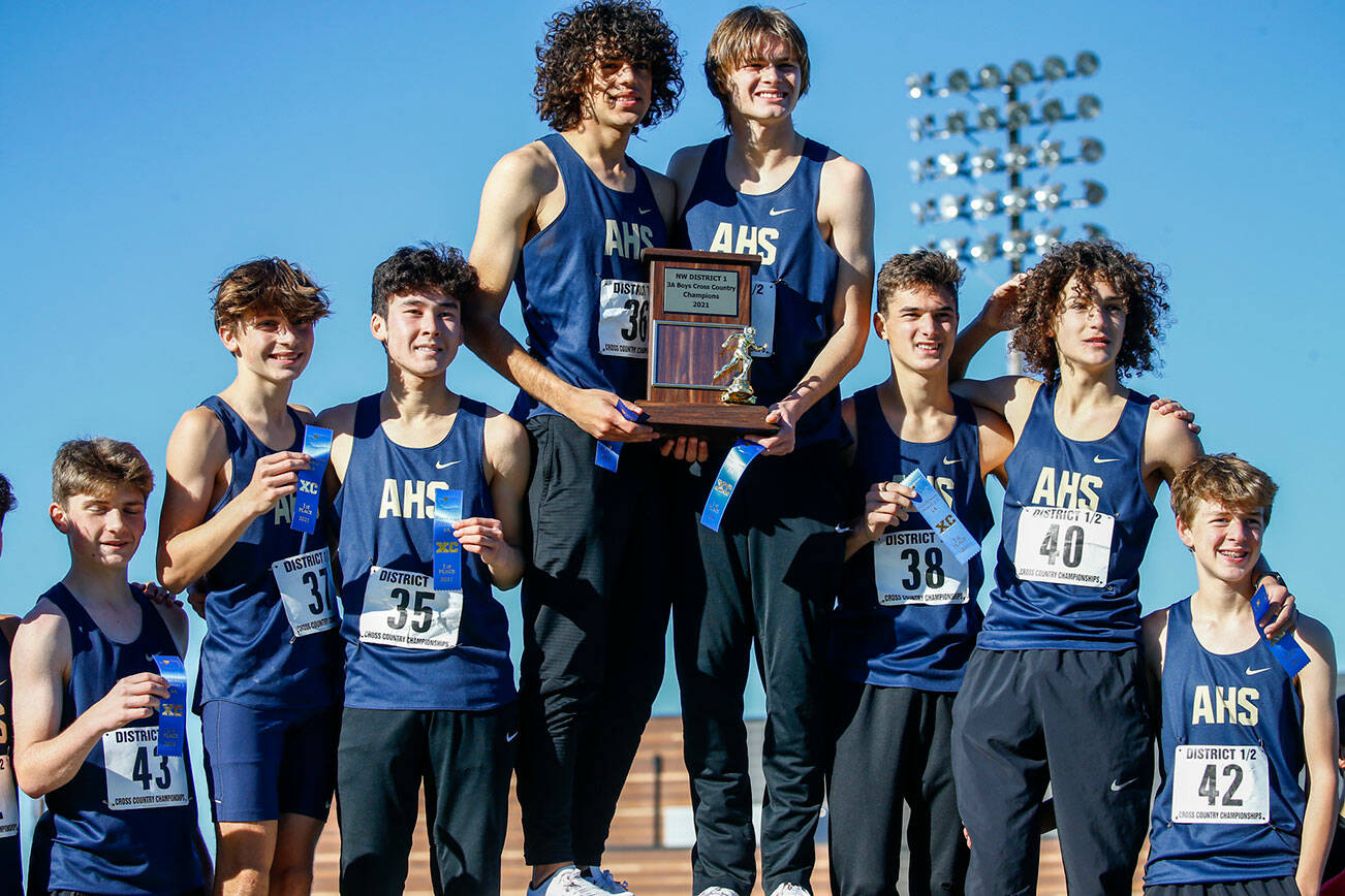 Arlington's mens cross country finished first District 1 3A Championships at Lakewood High School in Arlington on October 30, 2021. (Kevin Clark / The Herald)