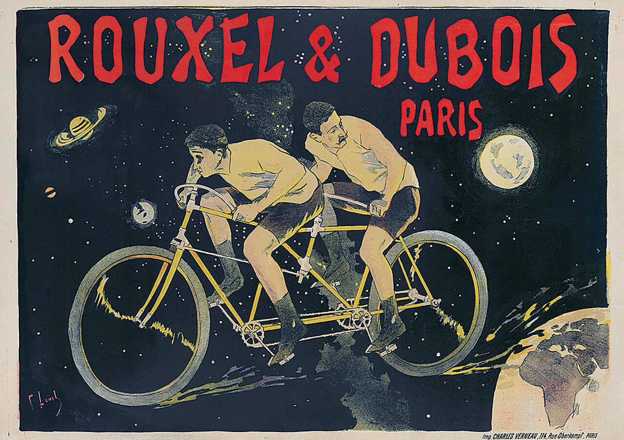 Advertising posters often had fanciful illustrations to attract attention. This one with tandem bicyclists sold for $6,600 at Poster Auctions International. (Cowles Syndicate Inc.)