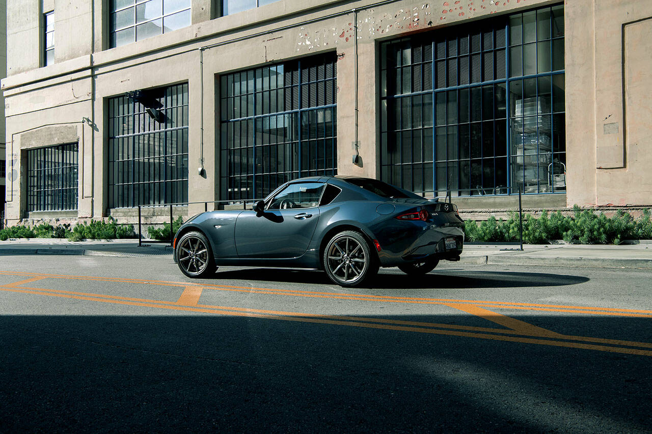 The 2021 Mazda MX-5 Miata is available as a soft-top convertible or the power-folding hard-top model shown here. (Manufacturer photo)