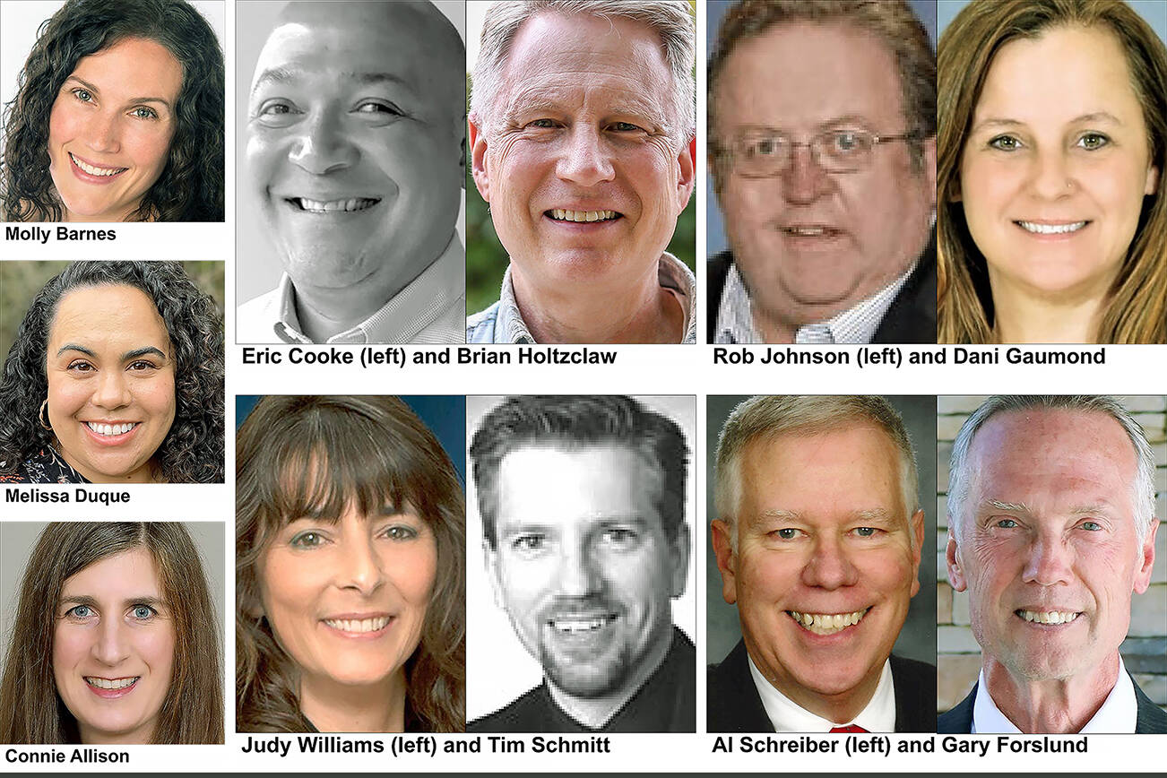 Molly Barnes (top left), Melissa Duque (center left) and Connie Allison (bottom left) won their races. Candidates facing recounts include Erick Cooke and Brian Holtzclaw (top center), Rob Johnson and Dani Gaumond (top right), Judy Williams and Tim Schmitt (bottom center) and Al Schreiber and Gary Forslund (bottom right).