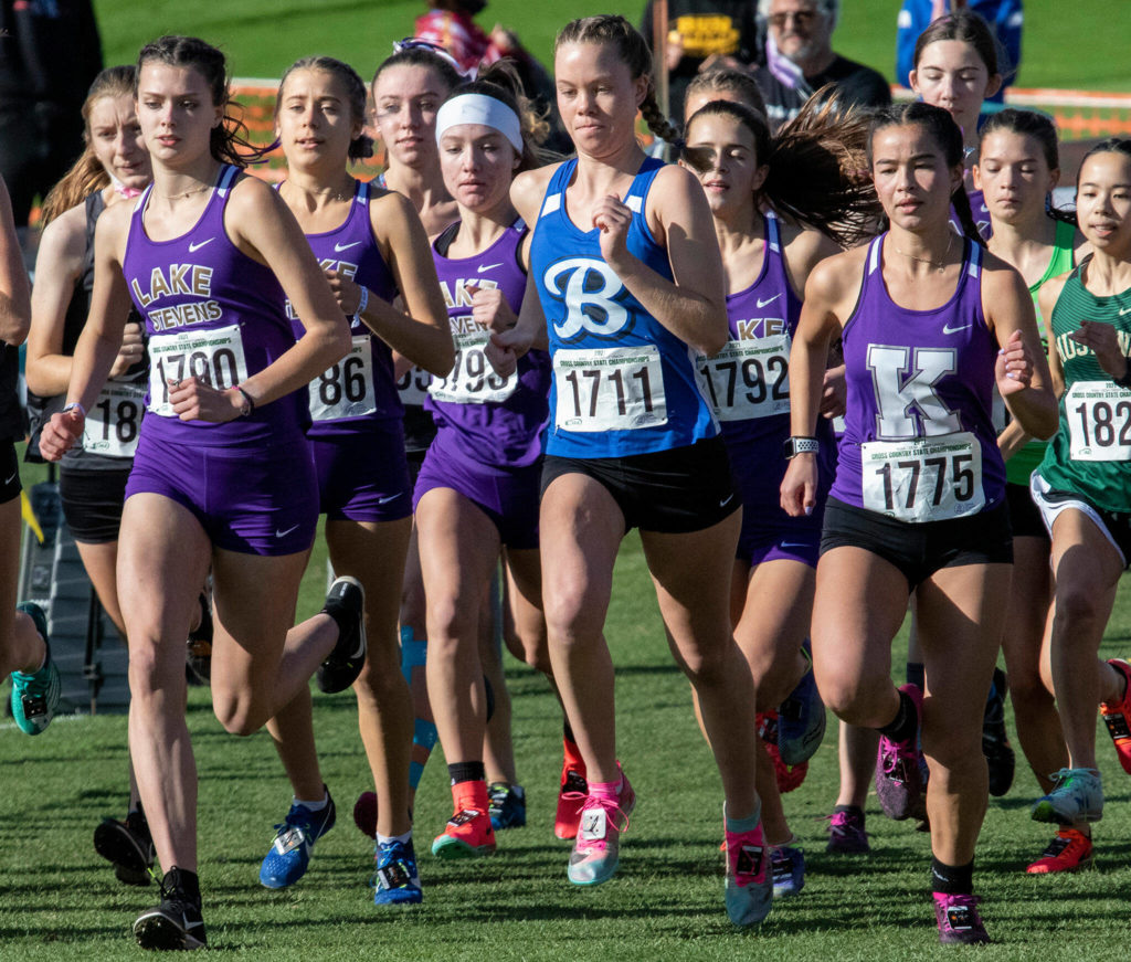 Lake Stevens’ Ashley Reeck (1790), Bothell’s Ainsley Herron (1711) and Kamiak’s Emma Arceo (1775) compete during the WIAA 4A Girls State Cross Country Championships on Saturday at Sun Willows Golf Course in Pasco. (TJ Mullinax/For The Herald)
