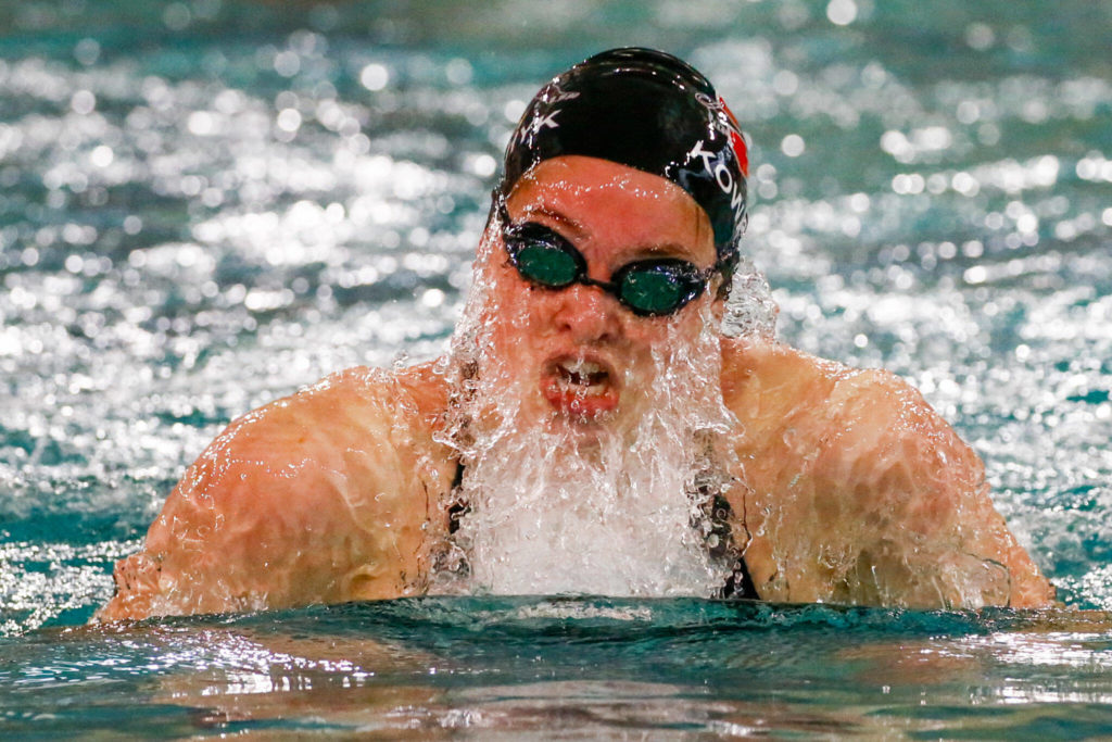 Snohomish’s Anna Kowalchyk competes in the 200 yard IM during the 3A District Championships Saturday afternoon the at the Snohomish Aquatic Center on November 6, 2021. (Kevin Clark / The Herald)
