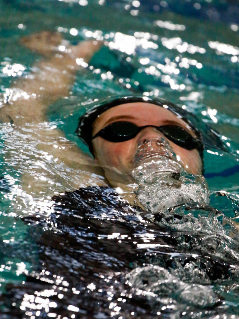 Snohomish’s Anna Kowalchyk competes in the 200 yard IM during the 3A District Championships Saturday afternoon the at the Snohomish Aquatic Center on November 6, 2021. (Kevin Clark / The Herald)

