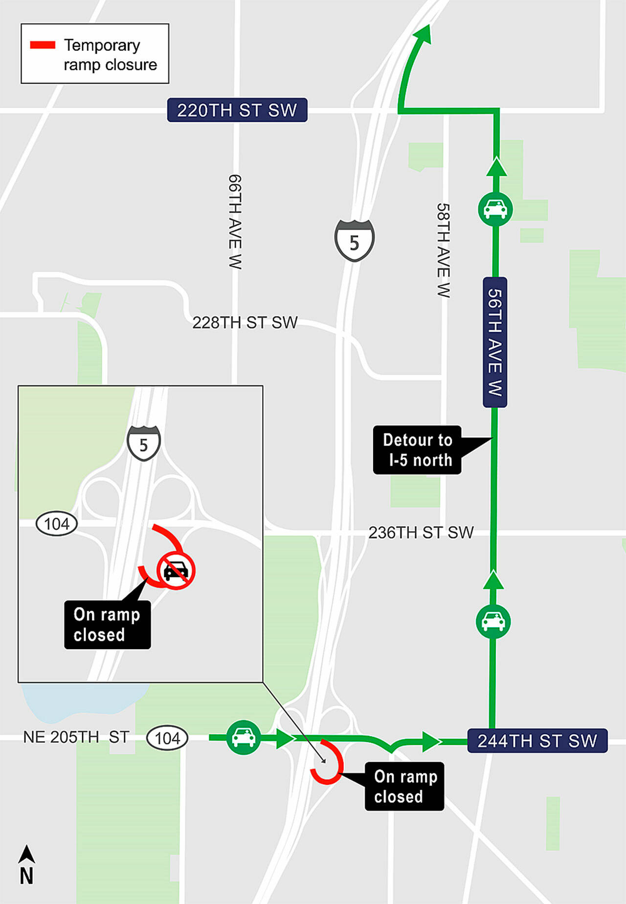 Drivers hoping to take the eastbound Highway 104 ramp to northbound I-5 will need to follow a detour Tuesday night to Wednesday morning. (Sound Transit)