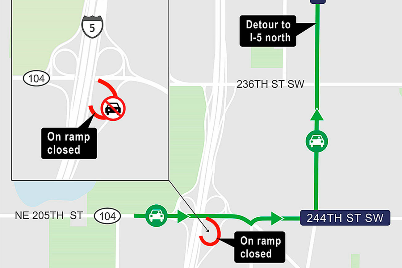 Drivers hoping to take the eastbound Highway 104 ramp to northbound I-5 will need to follow a detour Tuesday night to Wednesday morning. (Sound Transit)