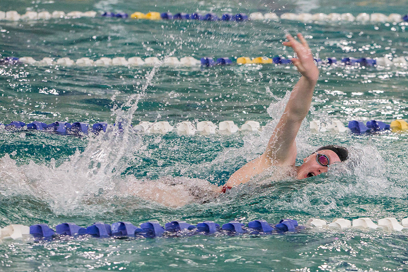 Snohomish's Mary Clark competes in the 50 Yard Freestyle during the swim meet against Glacier Peak on Tuesday, Oct. 19, 2021 in Snohomish, Wa. (Olivia Vanni / The Herald)